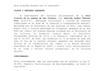 Decreto Municipal 15.017, Duelo Comunal por fallecimiento de “Chabelita” Fuentes