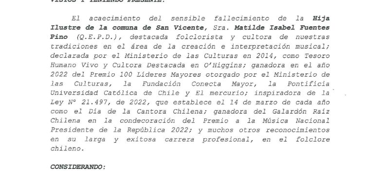 Decreto Municipal 15.017, Duelo Comunal por fallecimiento de “Chabelita” Fuentes