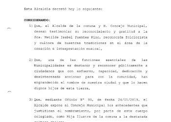 Decreto municipal nombra a “Chabelita” Fuentes Hija Ilustre de San Vicente, 2019
