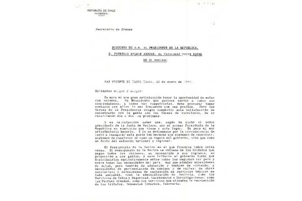 Discurso del Presidente Aylwin al inaugurar Posta Rural del Manzano, 1993