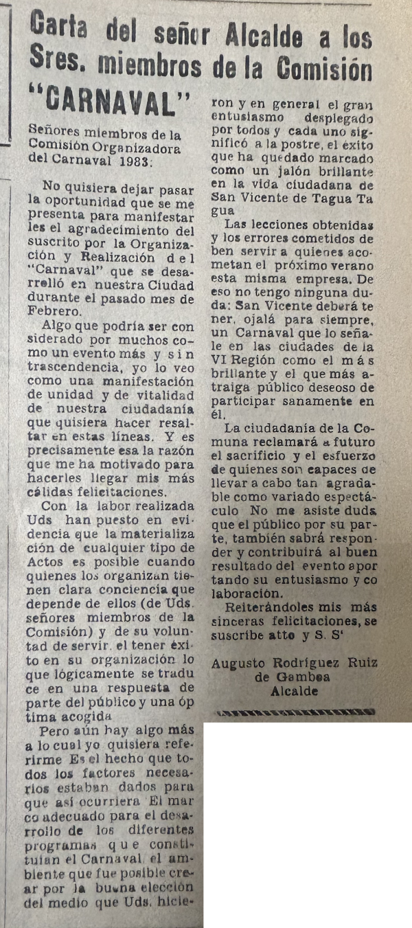 Carta Pública del Alcalde Augusto Rodríguez a la Comisión Organizadora del Carnaval 1983