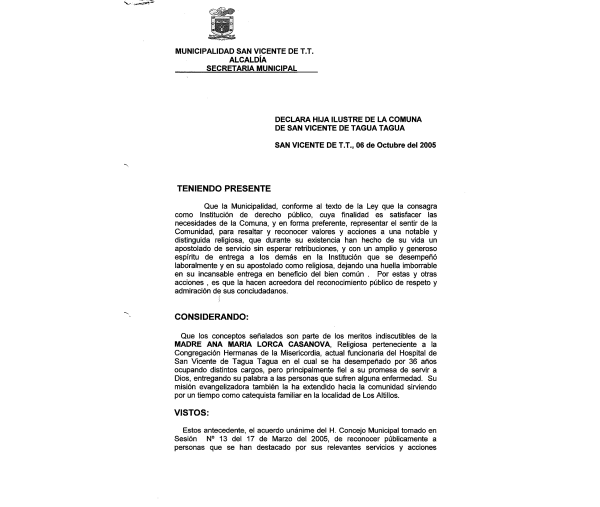 Decreto Hija Ilustre Madre Ana María Lorca Casanova, 2005