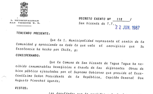Decreto municipal declara Hijo Ilustre a Augusto Pinochet, 1987