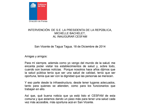 Discurso de la presidenta Michelle Bachelet en la inauguración del Cesfam de San Vicente, 2014