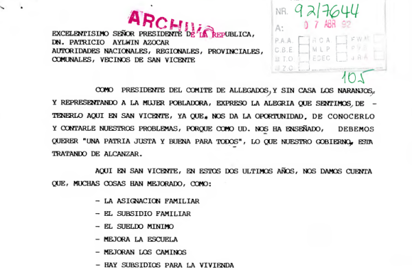 Carta Comité de Allegados y sin Casa Los Naranjos al Presidente de la República, 1992.