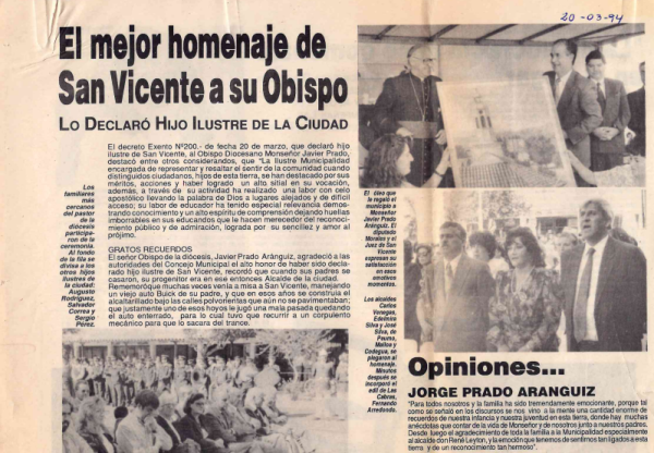 Prensa, Jorge Prado Aránguiz Hijo Ilustre de San Vicente, 1994