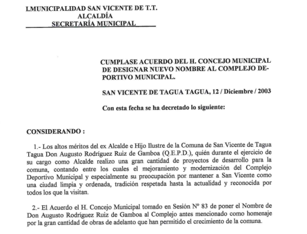 Decreto nombramiento de Estadio Municipal como Augusto Rodríguez, 2003