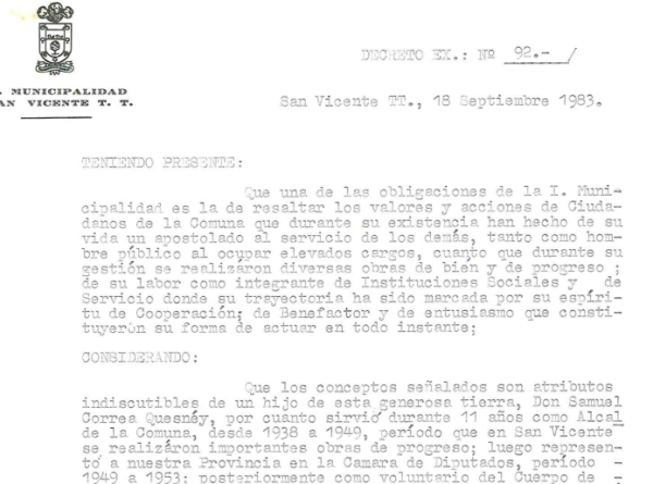 Decreto declara Ciudadano Ilustre a Samuel Correa Quesney, 1983