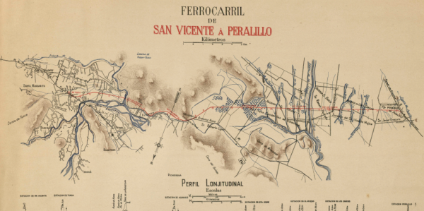 Mapa de línea férrea San Vicente - Peralillo. Proyecto en estudio, sin concretar. 1910