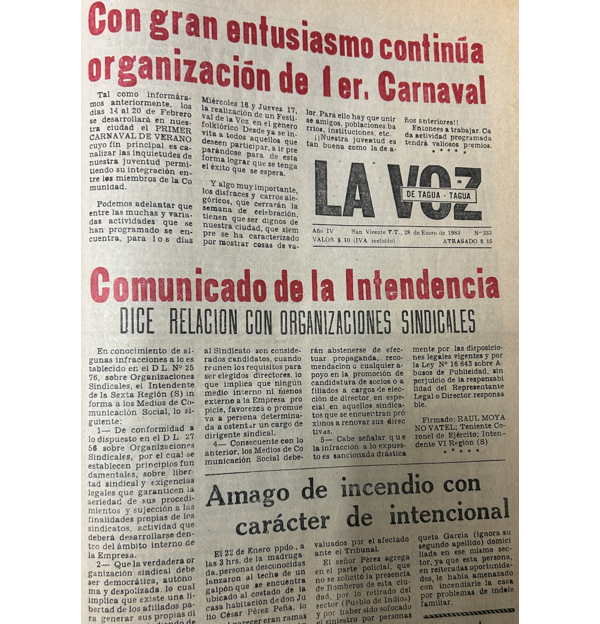 Portada Organización Primer Carnaval de San Vicente, La Voz de Tagua-Tagua, 1983