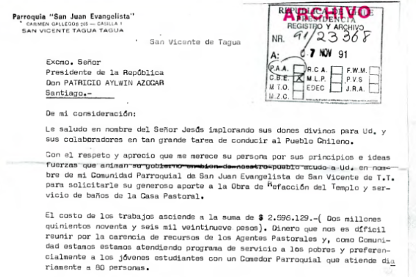 Carta de Parroquia San Juan Evangelista solicitando aporte para obras de refacción del templo, 1991