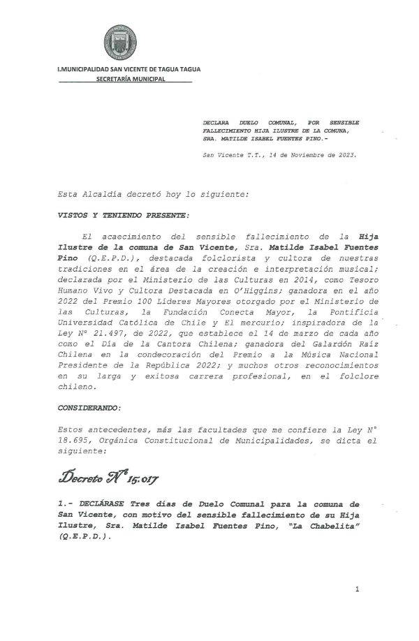 Decreto Municipal 15.017, Duelo Comunal por fallecimiento de "Chabelita" Fuentes