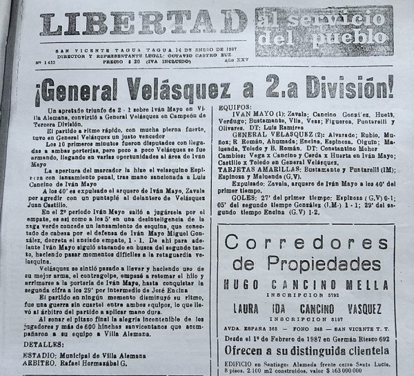 Prensa, General Velásquez a Segunda División, 1986