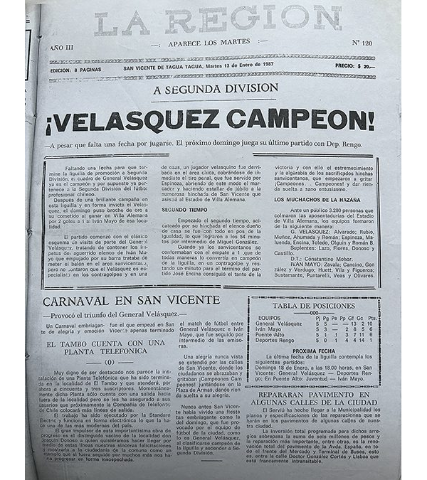 Prensa, Velásquez Campeón, 1986