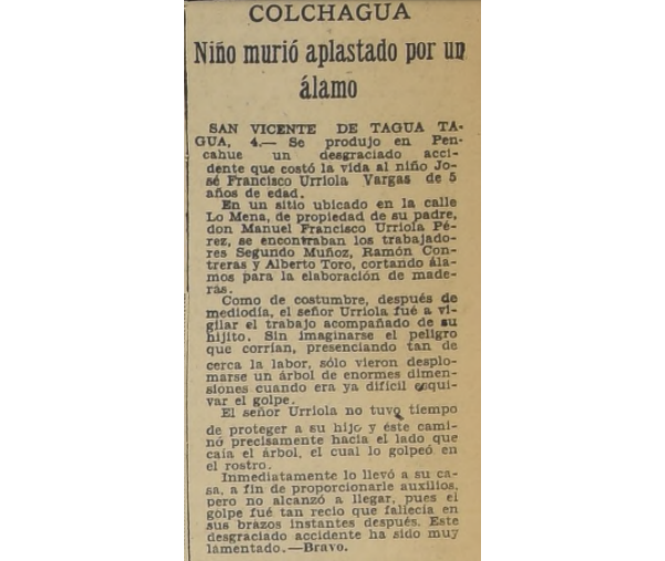 Prensa, Niño murió aplastado por un álamo en Pencahue, 1930