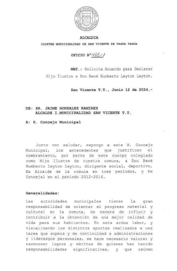 Oficio Alcaldicio solicita acuerdo para nombrar Hijo Ilustre a René Leyton, 2024
