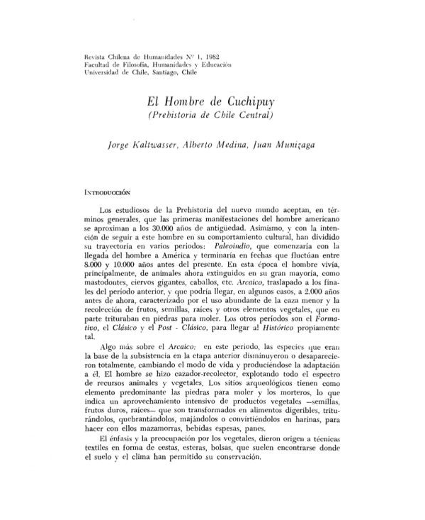 El Hombre de Cuchipuy, Prehistoria de Chile Central, Jorge Kaltwasser, Juan Munizaga, Alberto Medina